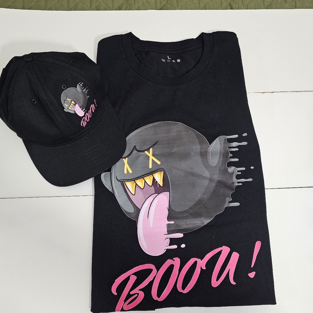 Black Graphic Tee with Boo Design  Size 2XL And Hat